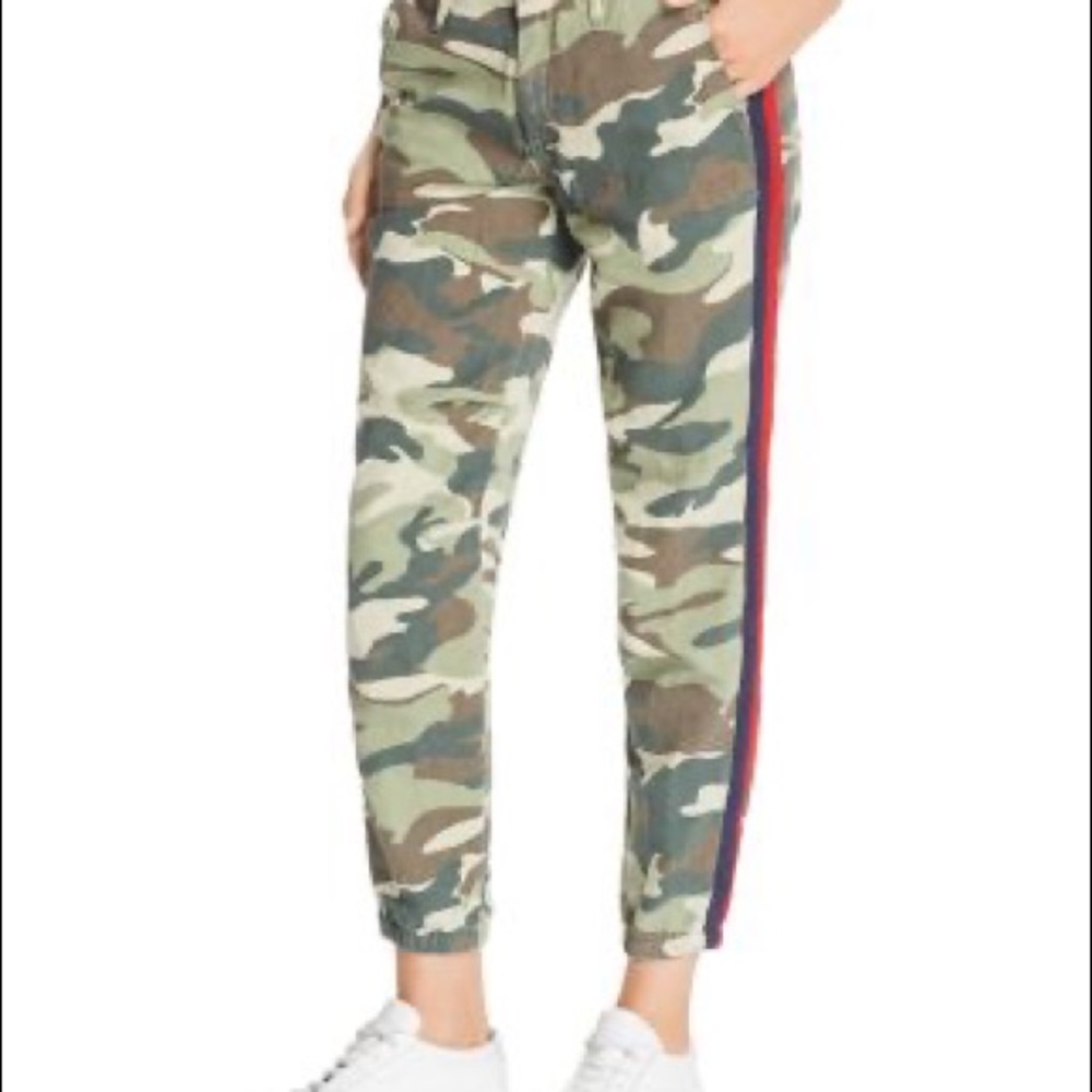 MOTHER camo pants with red + navy side stripes size 27